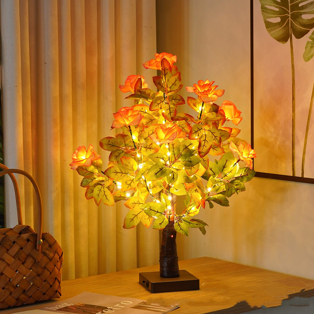 Lampe de table LED en forme d'arbre à feuilles vertes, décoration pour chambre à coucher