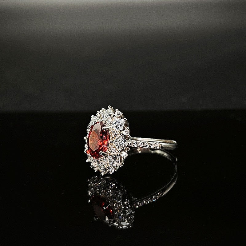 Bague en argent S925 avec ouverture ajustable ornée d'un zircon rouge sang de pigeon de haute qualité