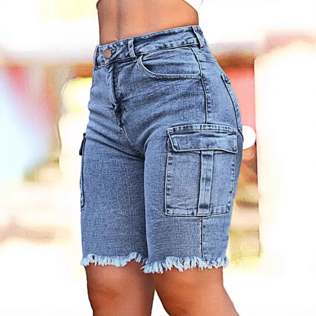 Short en jean stretch taille haute avec poches latérales et grande élasticité