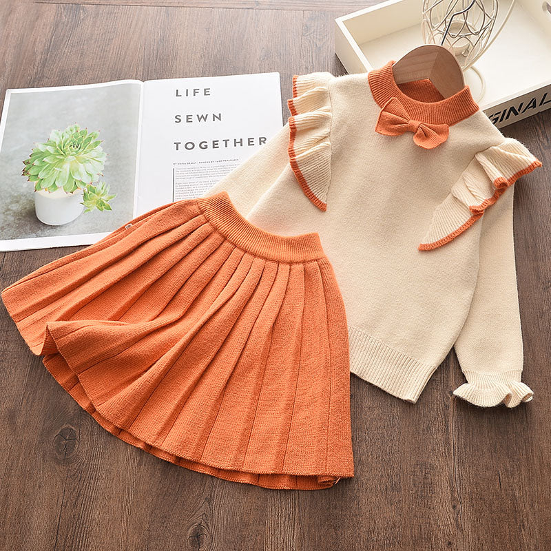 Ensemble printemps fille - Pull manches longues et jupe nœud