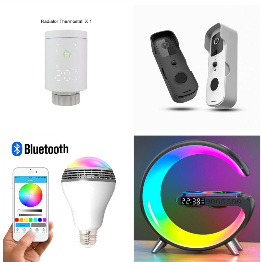 Lampe LED intelligente en forme de G avec enceinte Bluetooth, chargeur sans fil et application pour lampe d'ambiance. Contrôlez votre décoration de chambre.