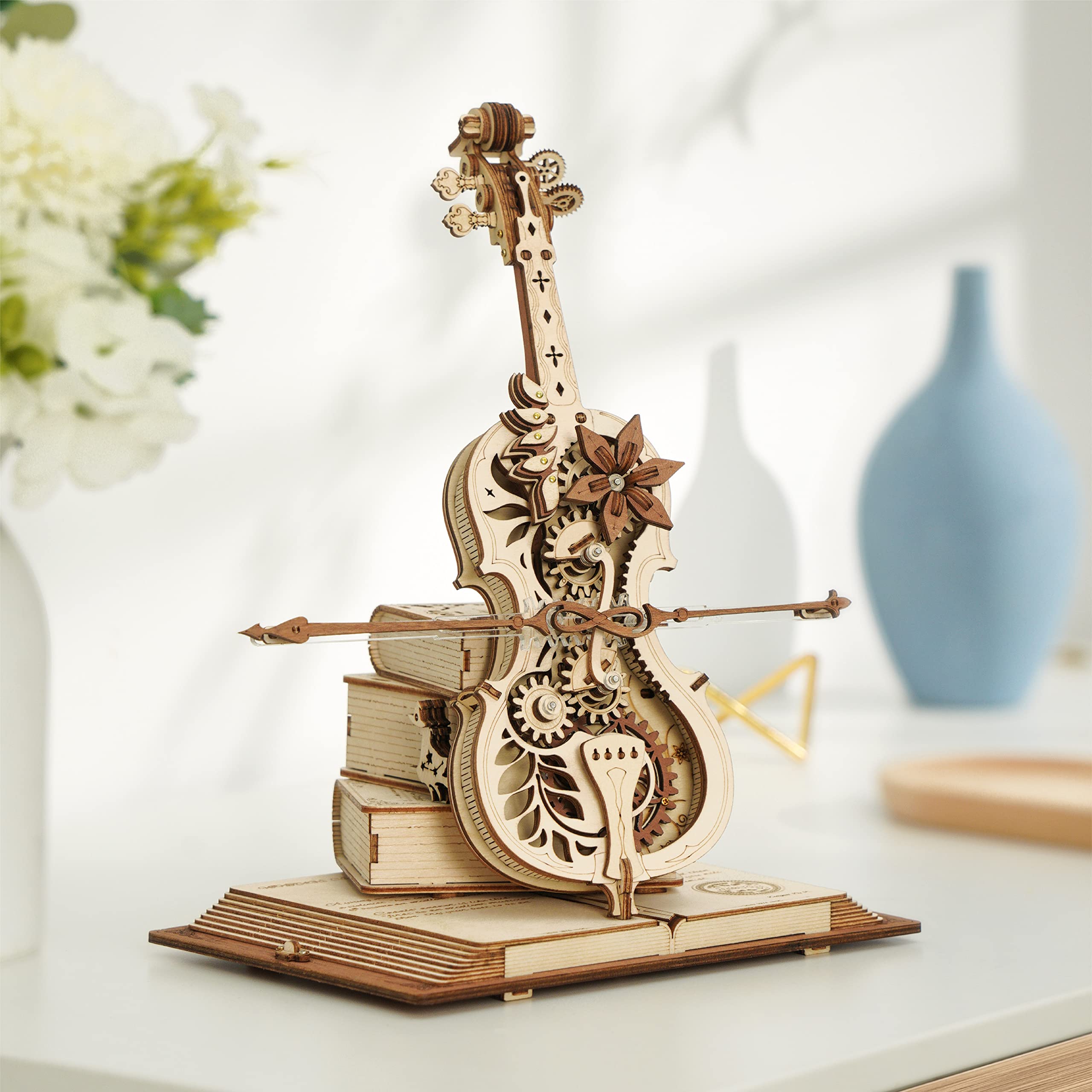 Robotime ROKR Boîte à musique mécanique en forme de violoncelle magique, tige mobile, jouet amusant et créatif pour enfants, puzzle 3D en bois AMK63