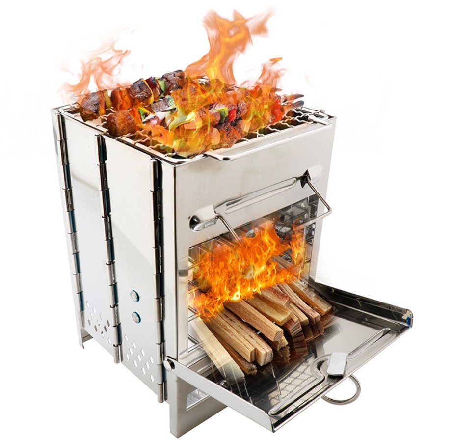 Mini réchaud à bois d'extérieur pour le camping, la cuisine et les pique-niques, grill pliable, carré, en acier, pour le bois et le charbon de bois de voyage