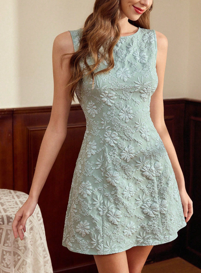 Robe d'été sans manches à imprimé floral jacquard, style minimaliste français