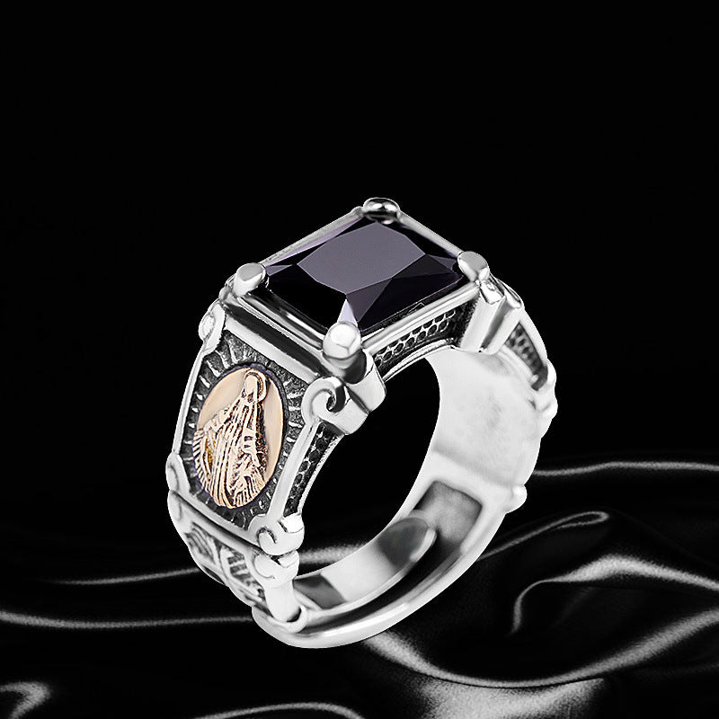 Bague pour homme en argent S925 incrustée d'onyx noir, représentant la Vierge Marie.