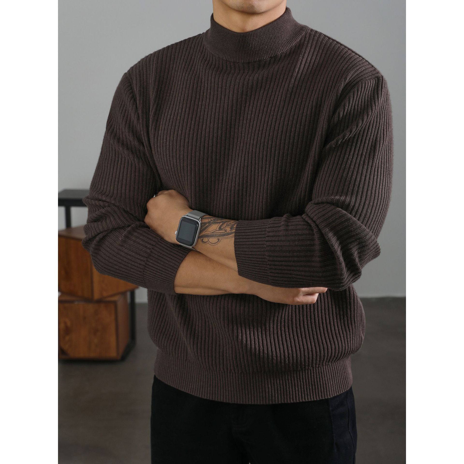 Pull mi-col roulé chaud pour homme, style coréen, à rayures verticales, idéal pour la superposition