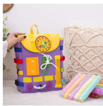 Sac à dos tableau d'activités pour tout-petits avec boucles et jouets d'éveil pour développer les compétences de base de la vie quotidienne