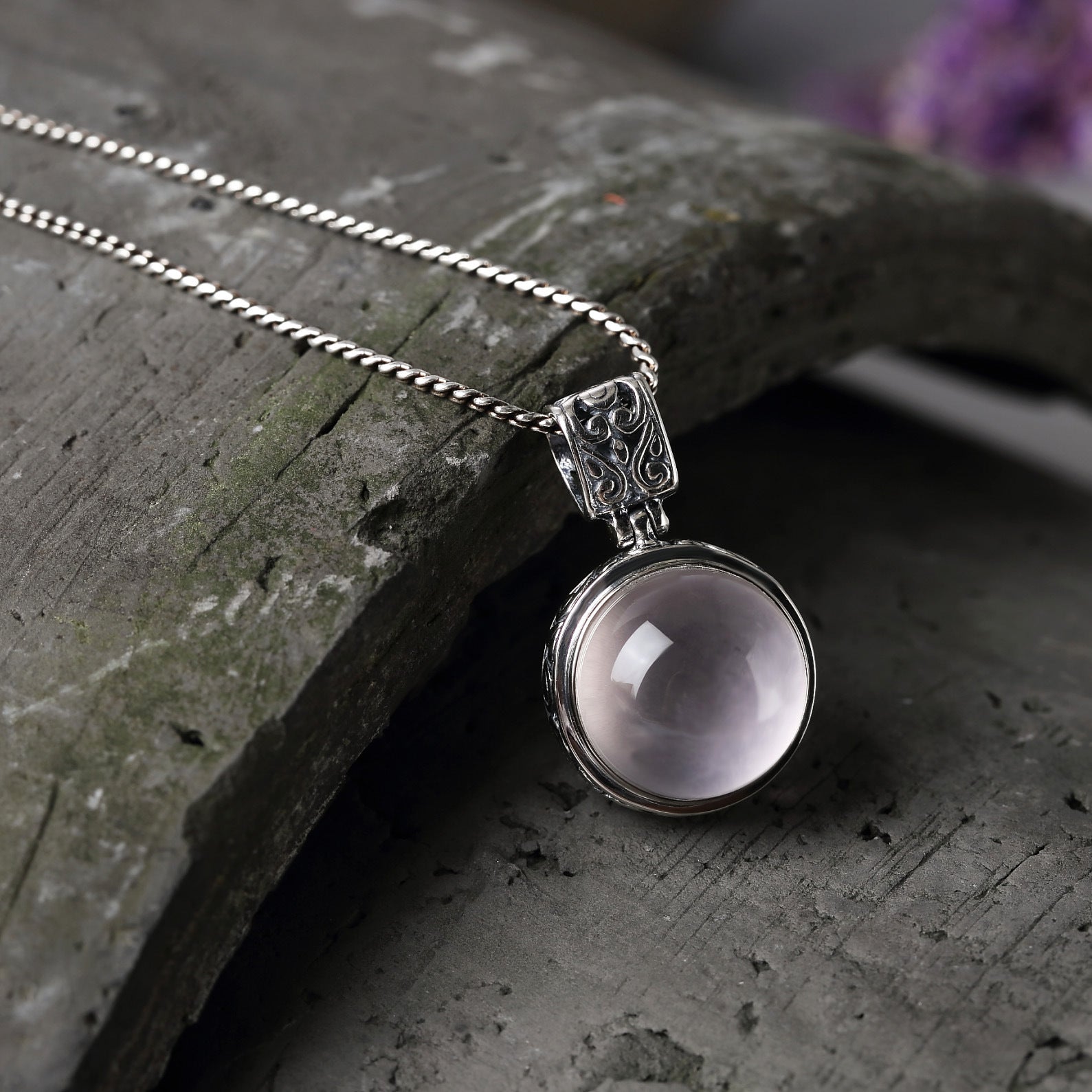 Collier en argent S925 et quartz Ross naturel pour femme