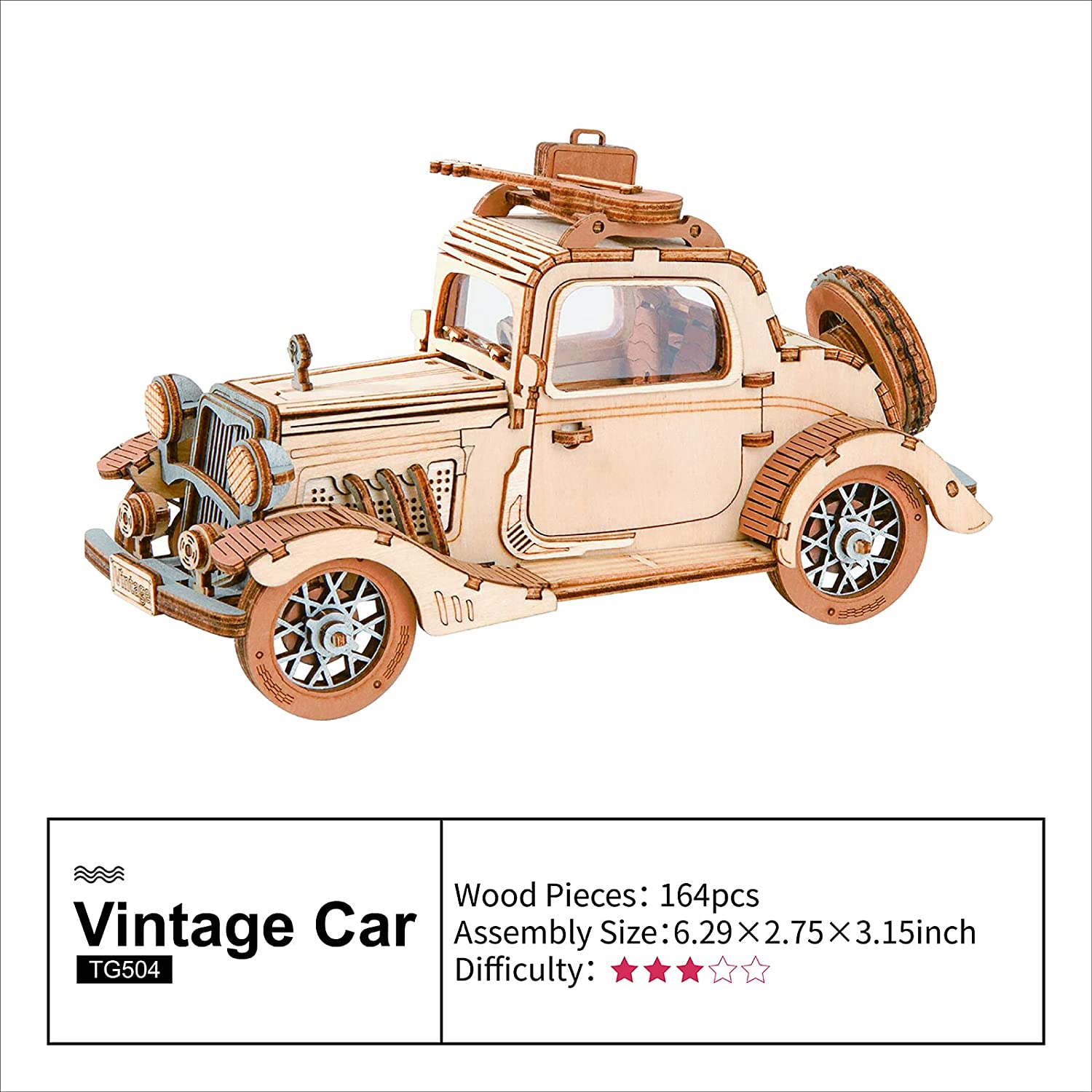 Robotime Rolife Modèle de voiture vintage Puzzle 3D en bois, jouet pour enfants