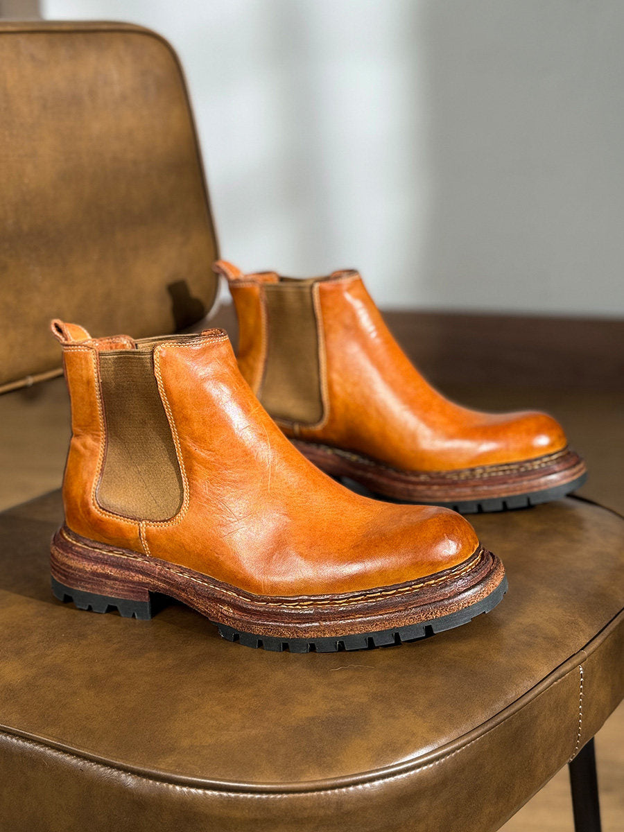 Bottes en cuir vintage pour hommes, à semelle épaisse et rehaussantes