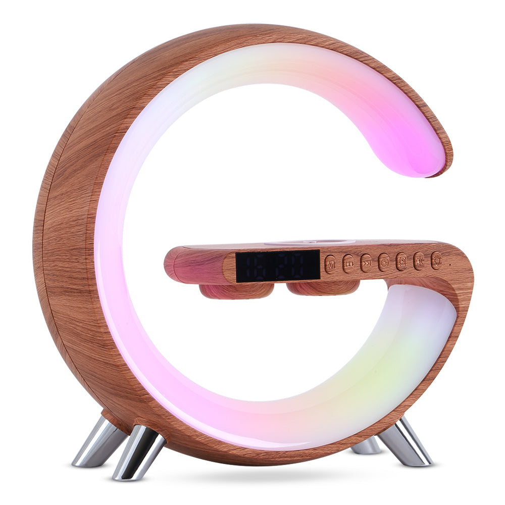 Lampe LED intelligente en forme de G avec enceinte Bluetooth, chargeur sans fil et application pour lampe d'ambiance. Contrôlez votre décoration de chambre.