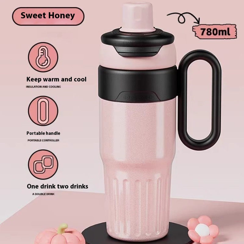 Gobelet isotherme double de 780 ml en acier inoxydable avec couvercle, grande capacité, avec paille, pour hommes et femmes.