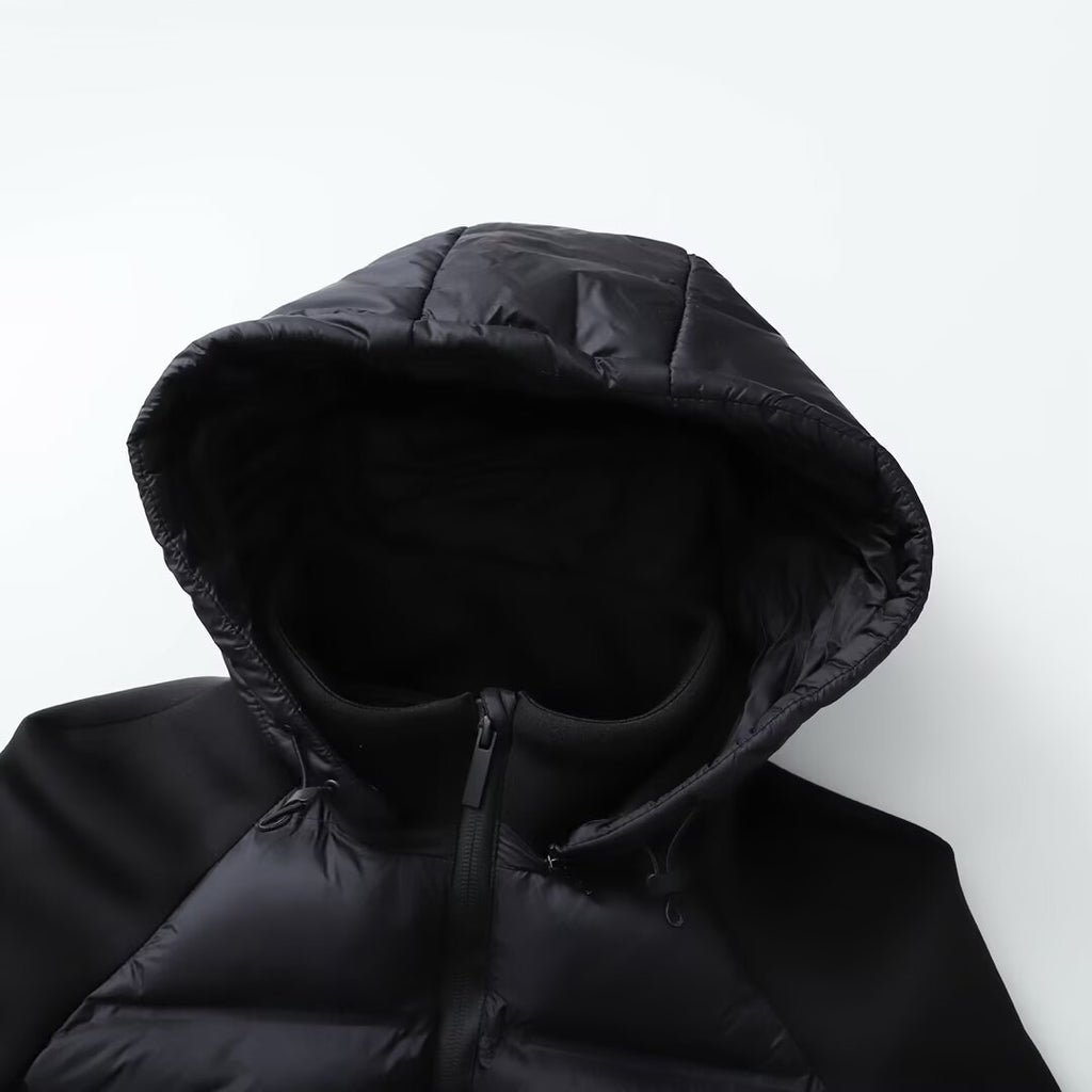 Veste thermique noire patchwork à manches longues et capuche rembourrée en coton
