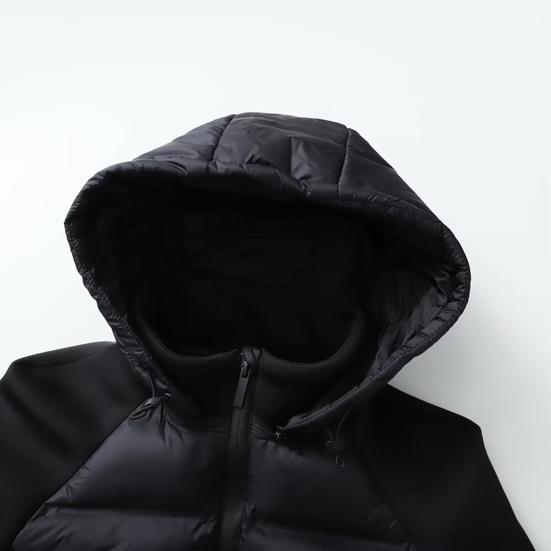 Veste thermique noire patchwork à manches longues et capuche rembourrée en coton