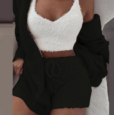 Ensemble pyjama 3 pièces pour femme : débardeur court à manches longues et short à cordon