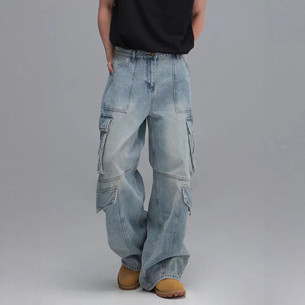 Jean de travail délavé multipoches pour homme, pantalon décontracté à jambes larges