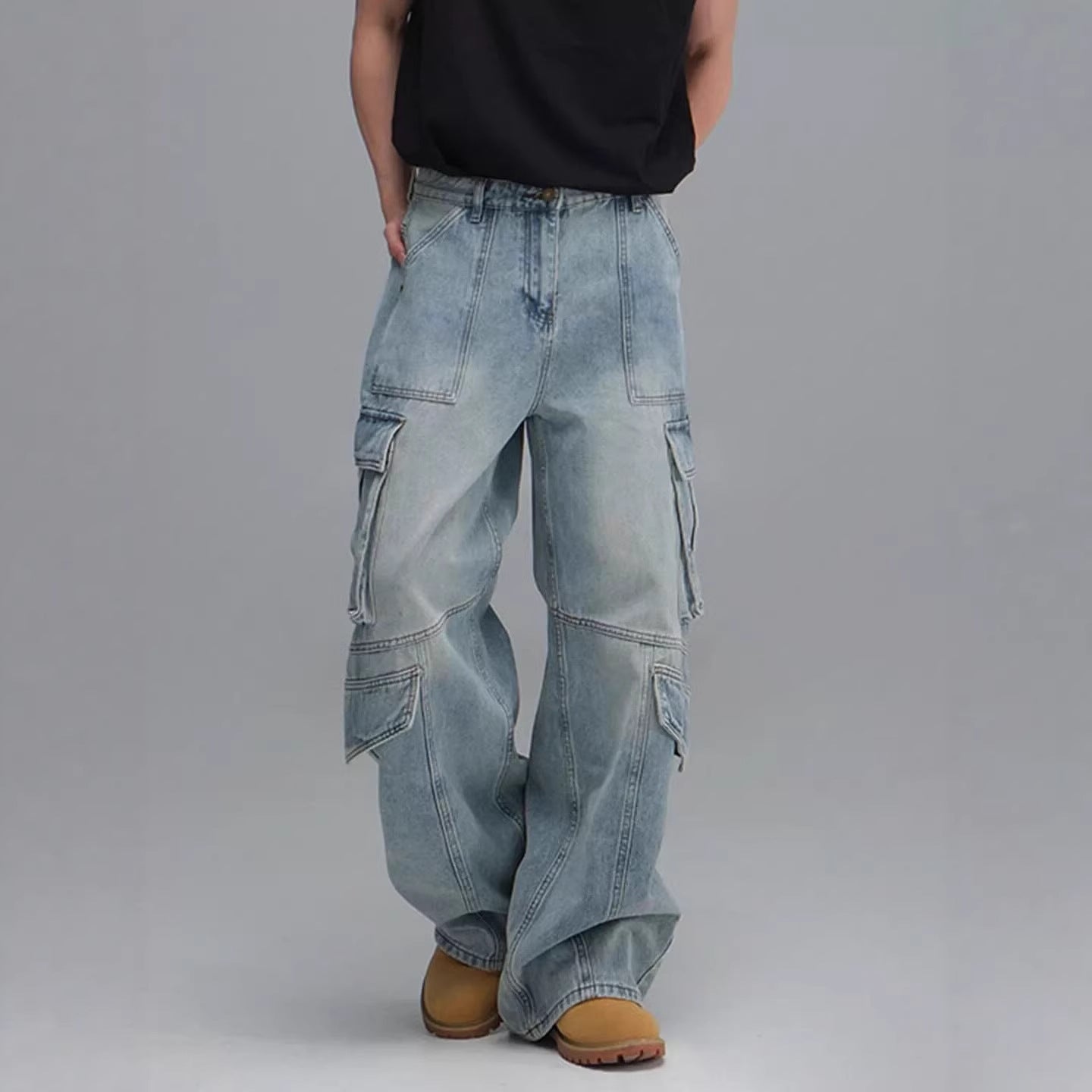 Jean de travail délavé multipoches pour homme, pantalon décontracté à jambes larges