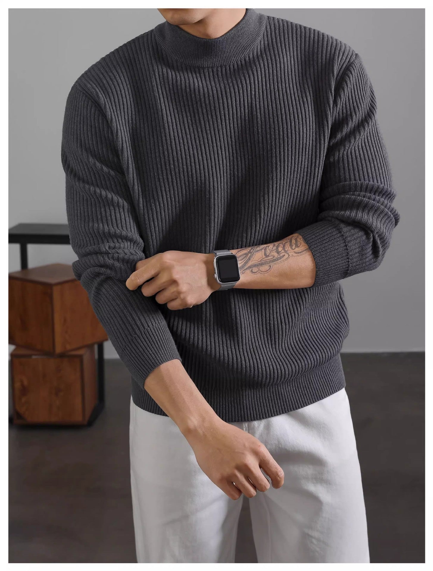Pull mi-col roulé chaud pour homme, style coréen, à rayures verticales, idéal pour la superposition
