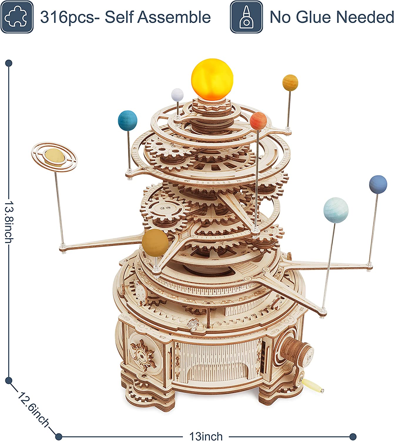 Robotime ROKR 316PCS Planétarium mécanique rotatif 3D en bois, jeu de puzzle, kit de construction de modèle, jouet, cadeau pour enfants et garçons