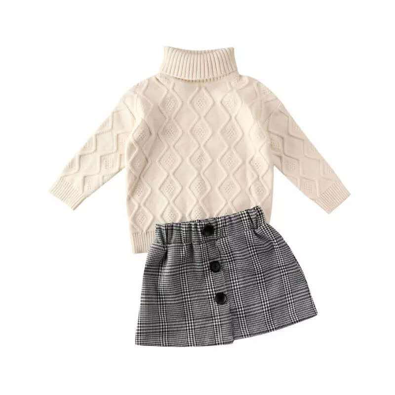 Ensemble fille - Pull col roulé et jupe à carreaux