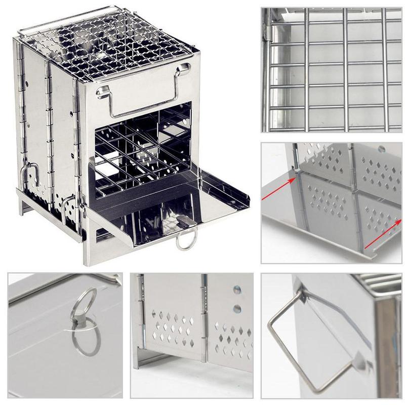 Mini réchaud à bois d'extérieur pour le camping, la cuisine et les pique-niques, grill pliable, carré, en acier, pour le bois et le charbon de bois de voyage