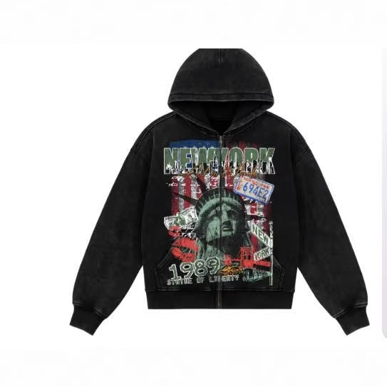 Sweat à capuche zippé imprimé vintage délavé style streetwear