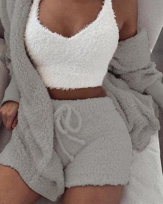 Ensemble pyjama 3 pièces pour femme : débardeur court à manches longues et short à cordon