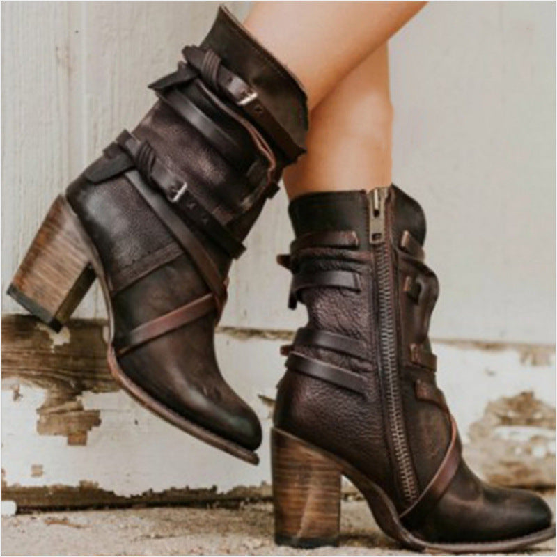 Bottines rétro pour femmes à talons hauts et épais, fermeture éclair latérale et détails à boucle