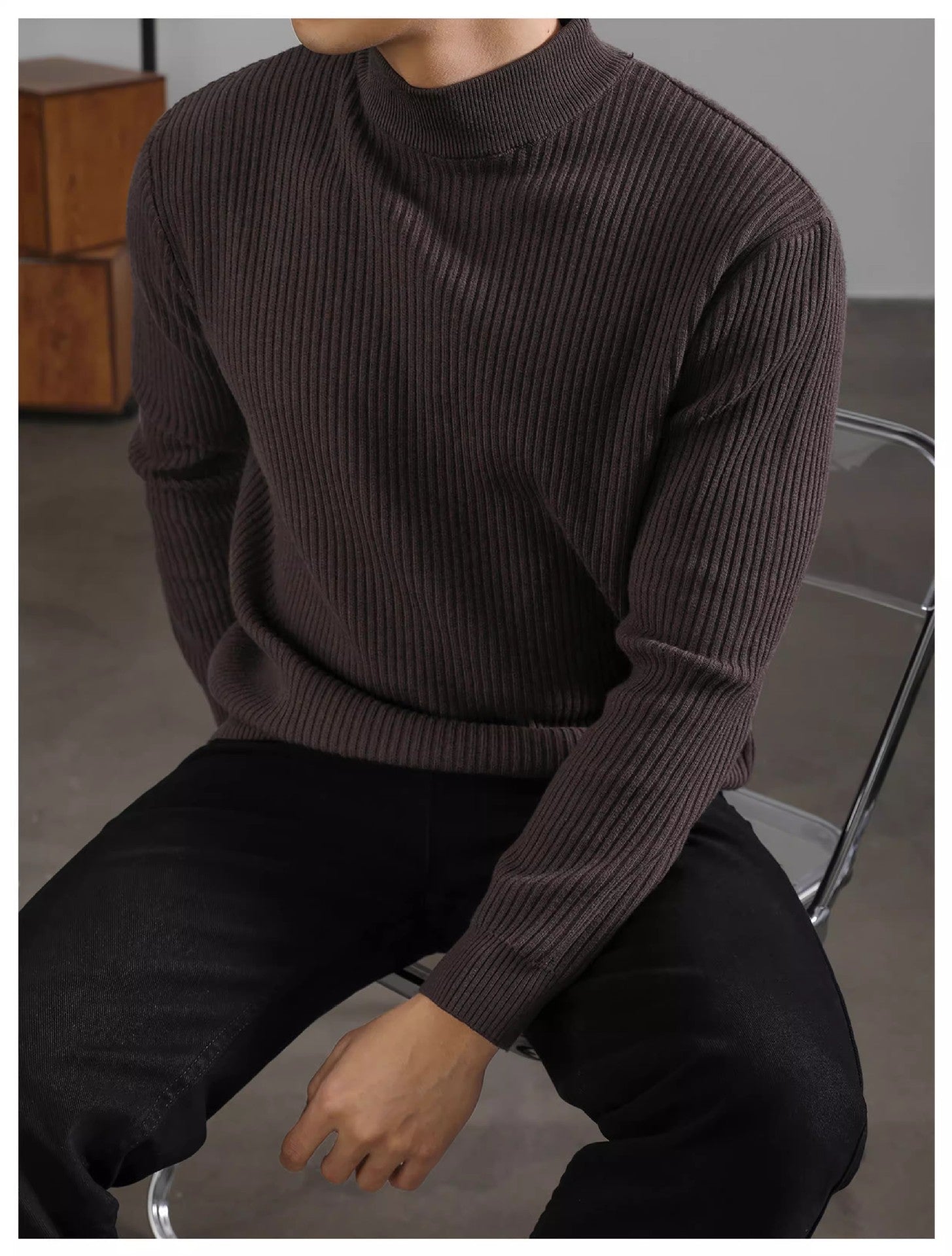 Pull mi-col roulé chaud pour homme, style coréen, à rayures verticales, idéal pour la superposition