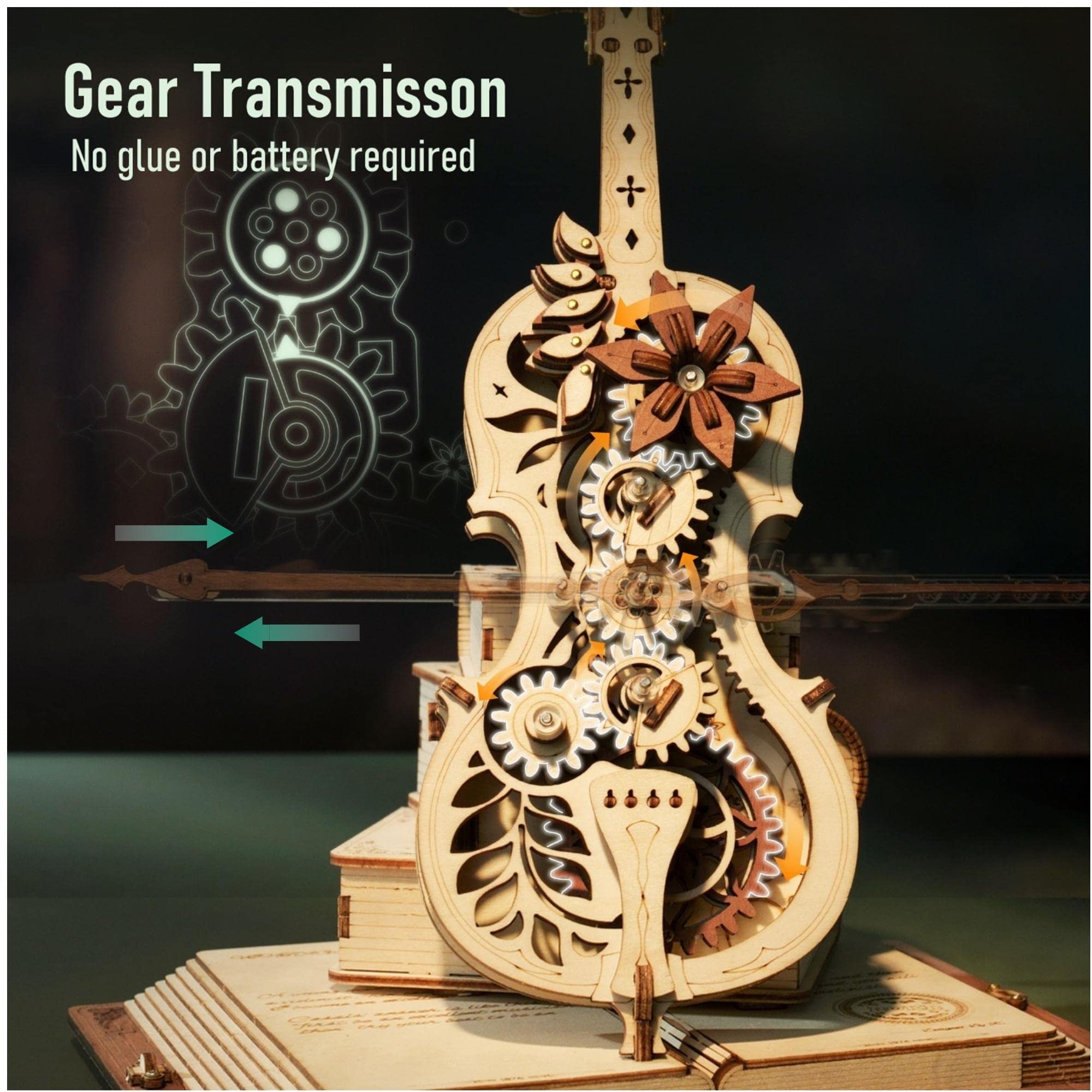Robotime ROKR Boîte à musique mécanique en forme de violoncelle magique, tige mobile, jouet amusant et créatif pour enfants, puzzle 3D en bois AMK63