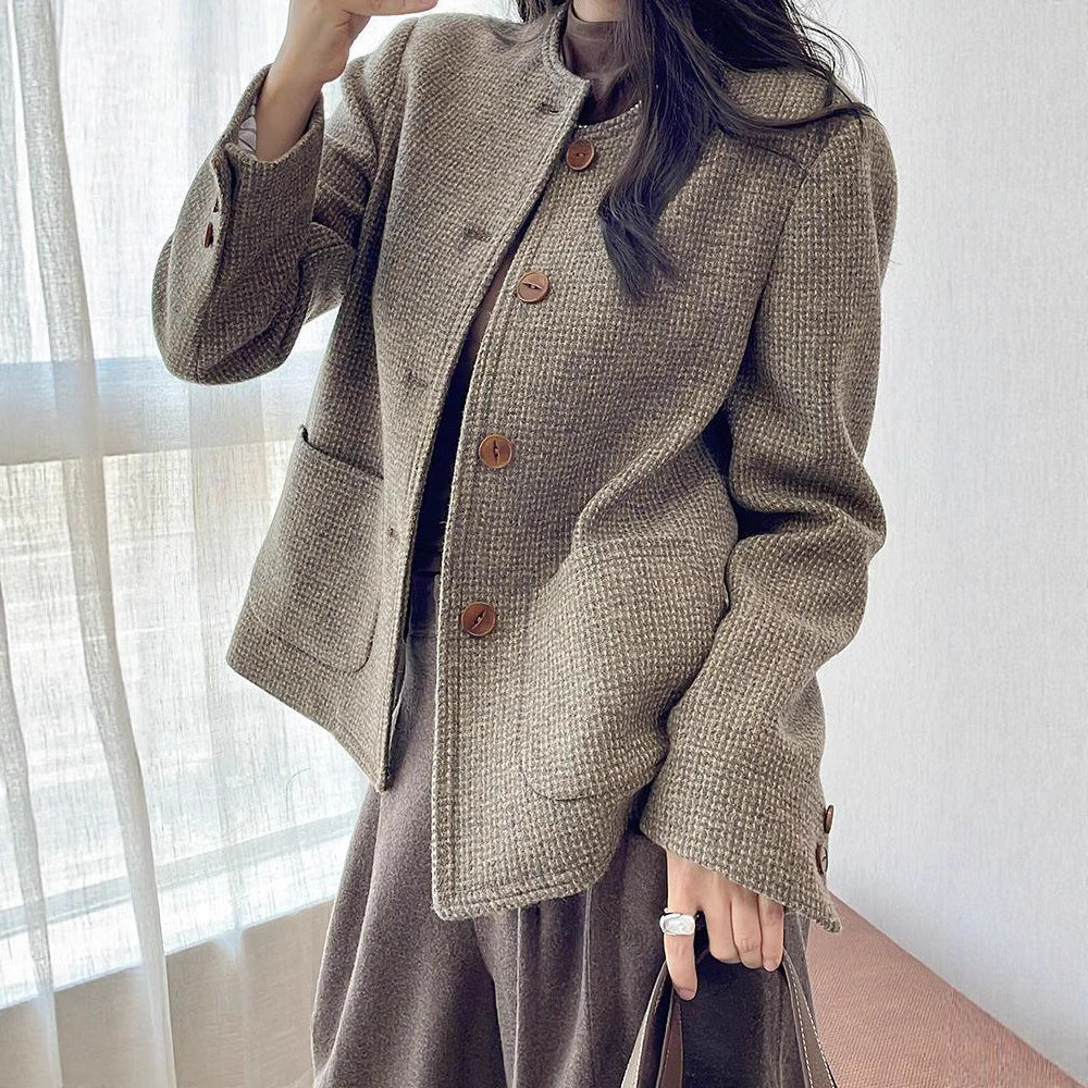 Manteau élégant en tweed vintage à col rond pour femme