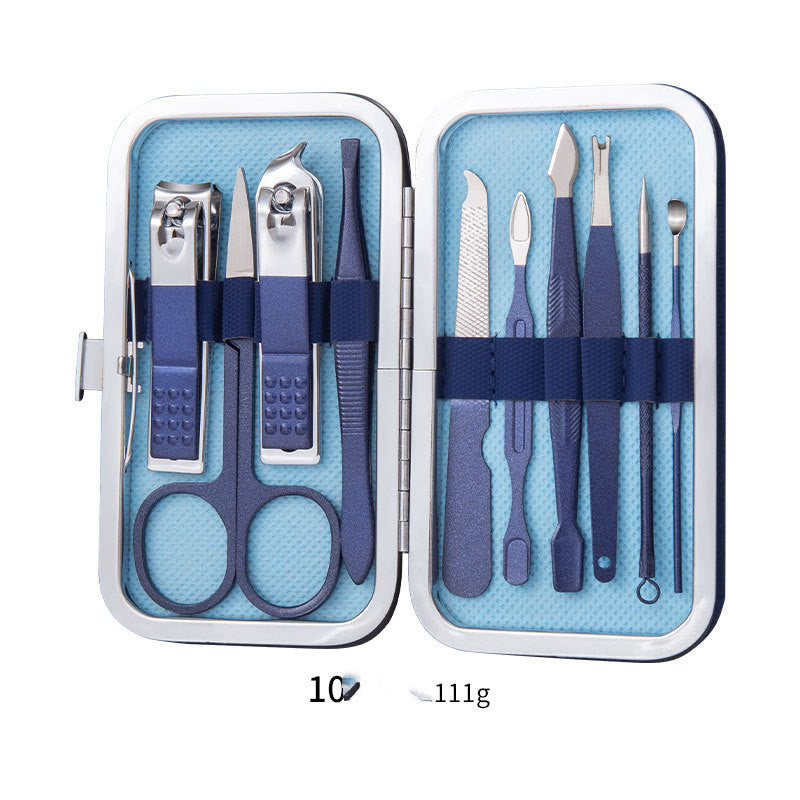 Ensemble professionnel comprenant ciseaux, coupe-ongles, cuillère à ongles, pince à peaux mortes, pince à ongles, couteau de pédicure et coupe-ongles.