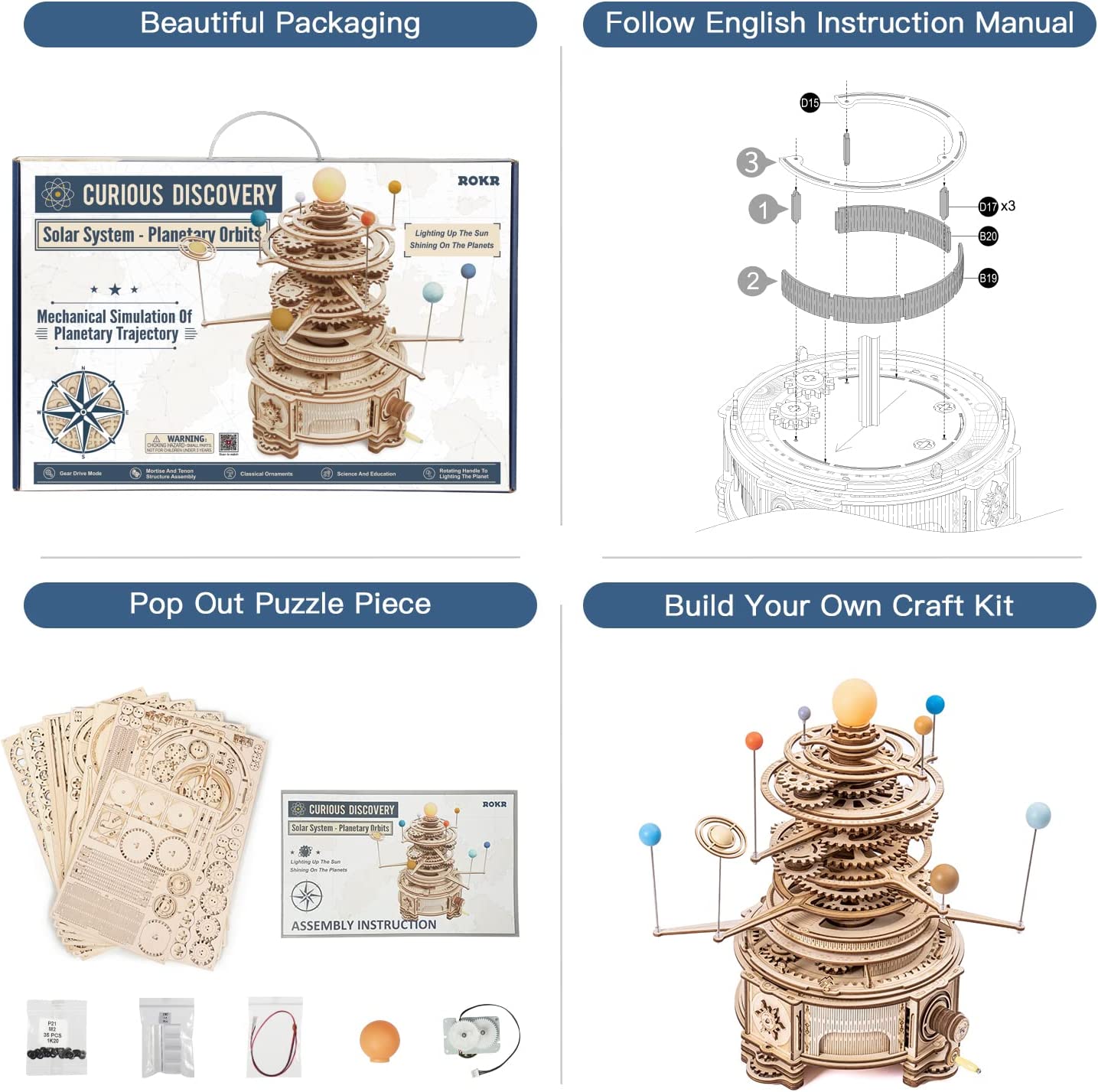 Robotime ROKR 316PCS Planétarium mécanique rotatif 3D en bois, jeu de puzzle, kit de construction de modèle, jouet, cadeau pour enfants et garçons