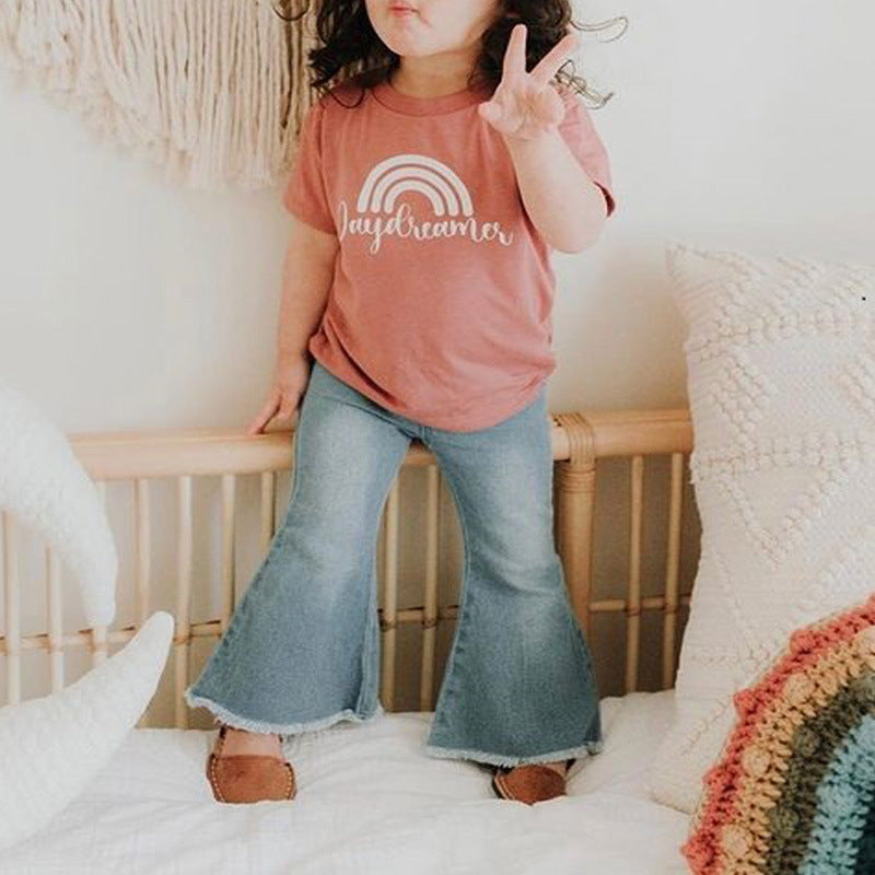 Ensemble fille - T-shirt arc-en-ciel et jean délavé