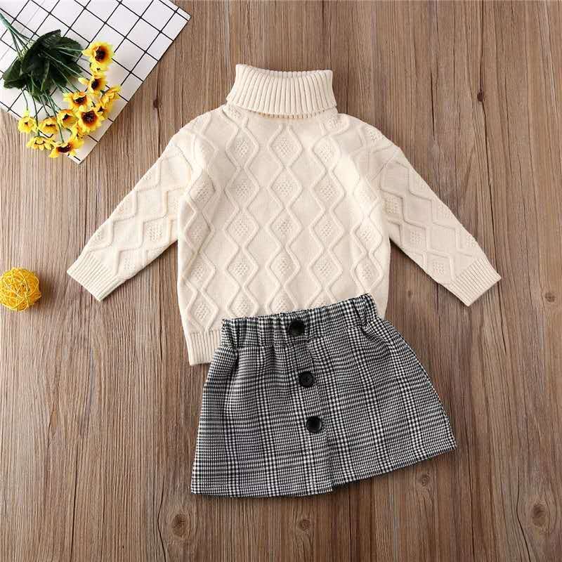 Ensemble fille - Pull col roulé et jupe à carreaux