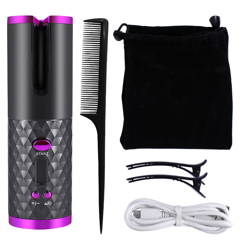 Fer à boucler automatique rechargeable pour femmes, portable, avec écran LCD et surface rotative en céramique pour créer des boucles ondulées.