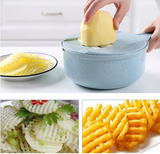 Mandoline 8 en 1 avec passoire intégrée, coupe-légumes et épluche-pommes de terre. Accessoires de cuisine.