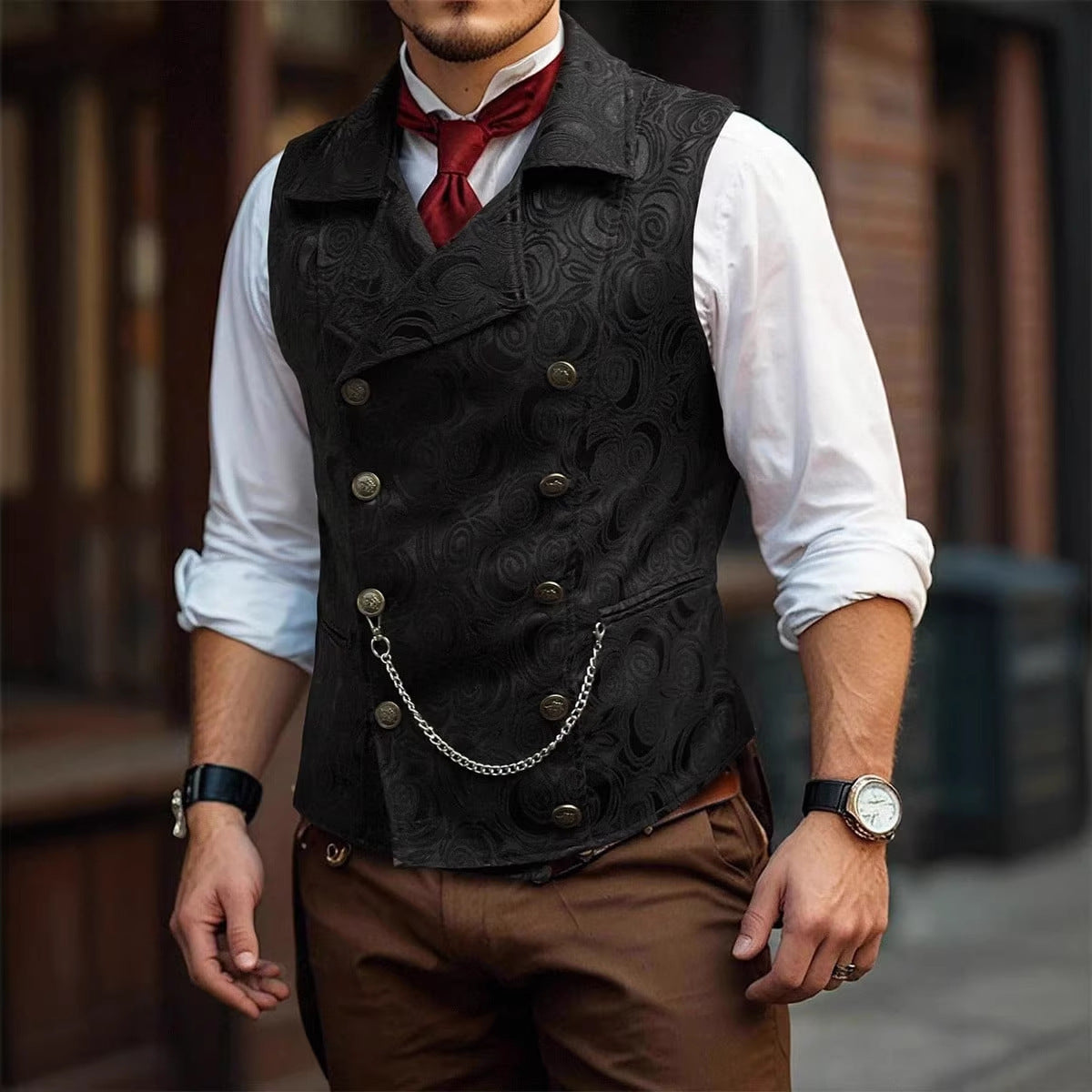 Gilet de costume croisé pour homme avec chaînette