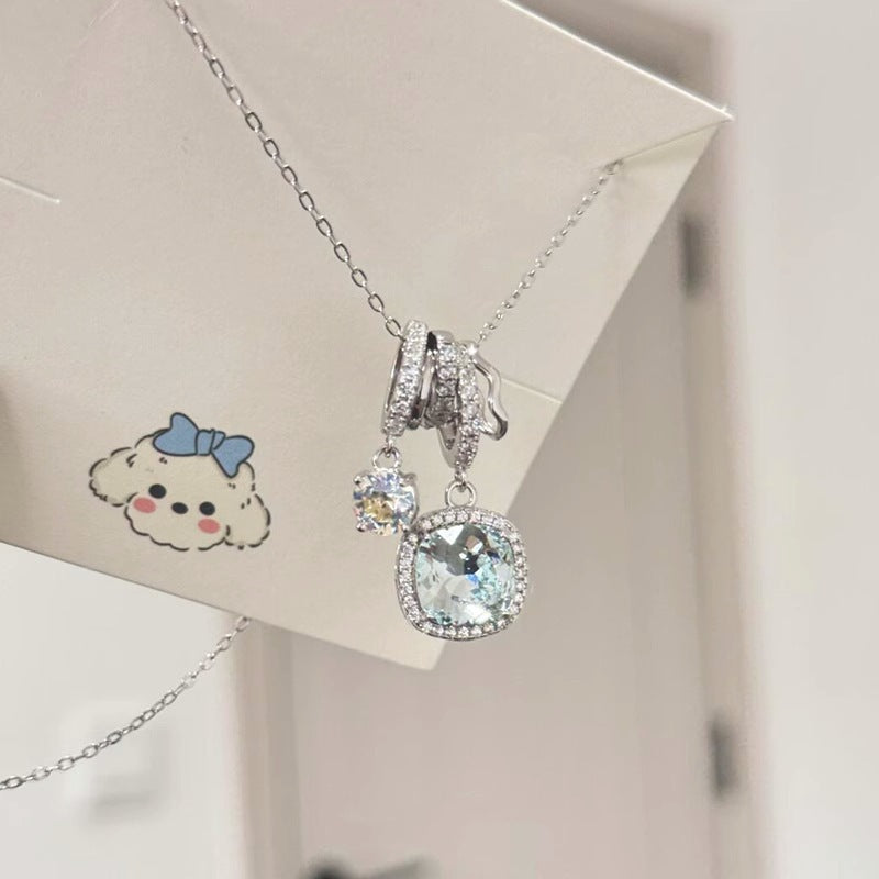 Collier en argent pur S925 avec zircon carré bleu océan limpide