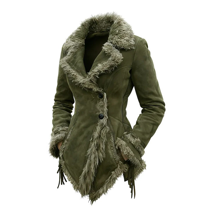 Manteau rétro en daim pour femme avec col et revers en fourrure
