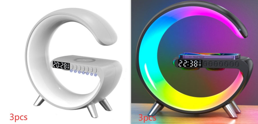 Lampe LED intelligente en forme de G avec enceinte Bluetooth, chargeur sans fil et application pour lampe d'ambiance. Contrôlez votre décoration de chambre.