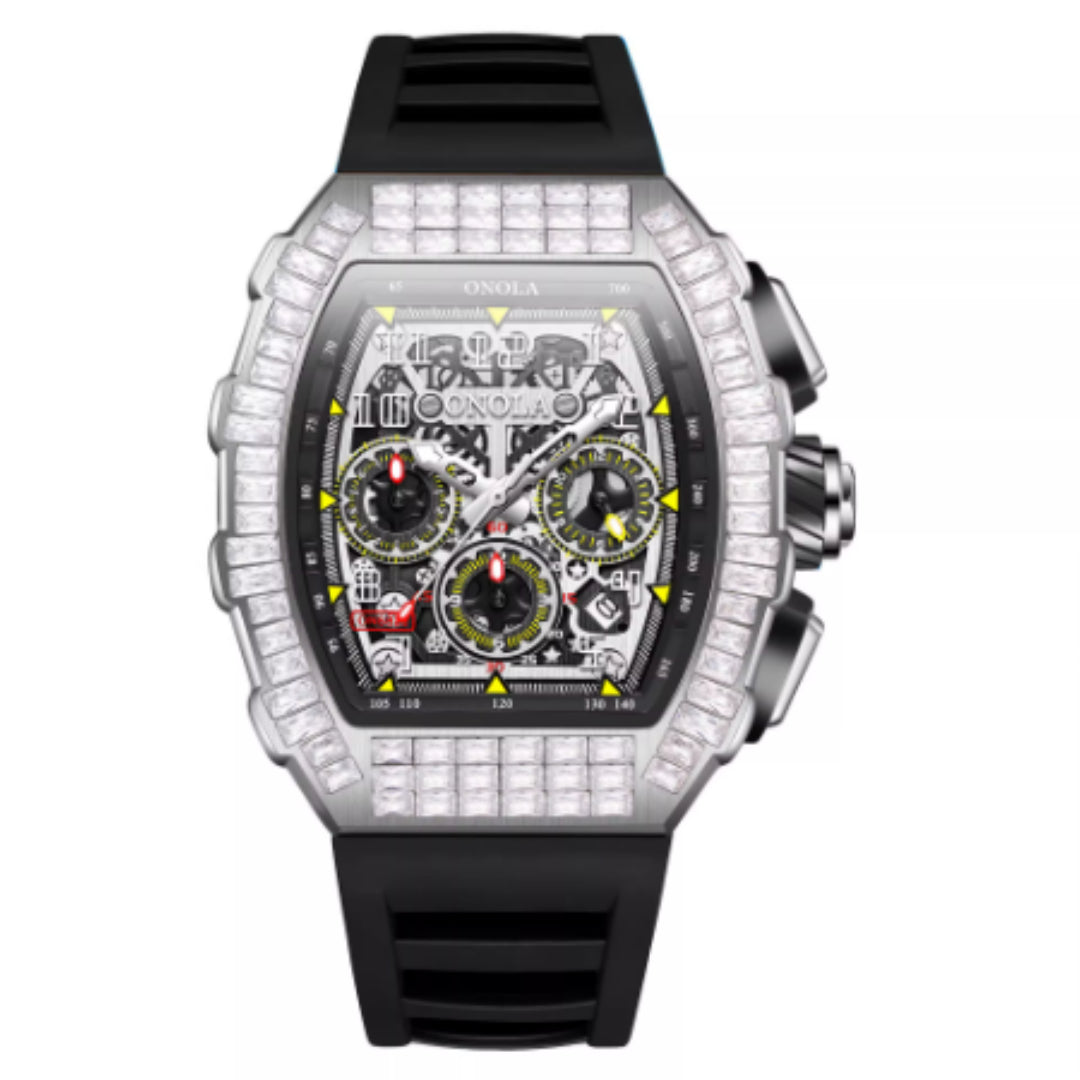 Montre de luxe carrée pour homme avec diamants et motif étoile