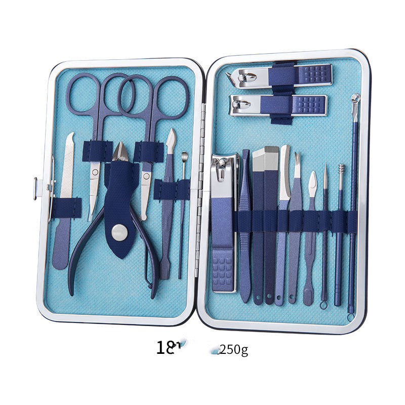 Ensemble professionnel comprenant ciseaux, coupe-ongles, cuillère à ongles, pince à peaux mortes, pince à ongles, couteau de pédicure et coupe-ongles.