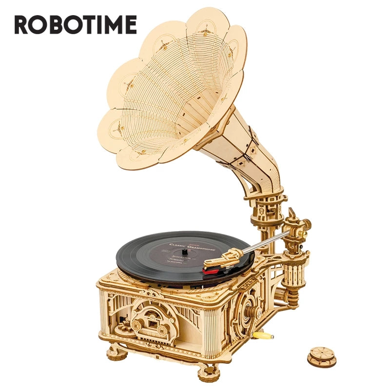 Robotime ROKR Kit de construction de gramophone classique à manivelle en bois, puzzle, jouet à assembler, cadeau pour enfants LKB01