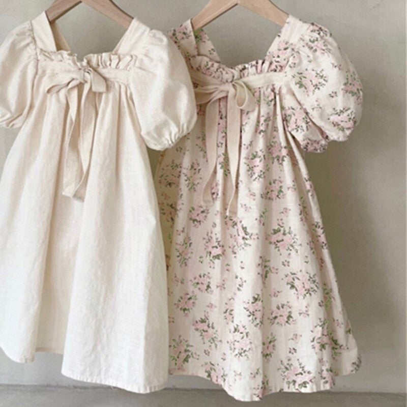 Robe fille - Manches bouffantes et nœud papillon