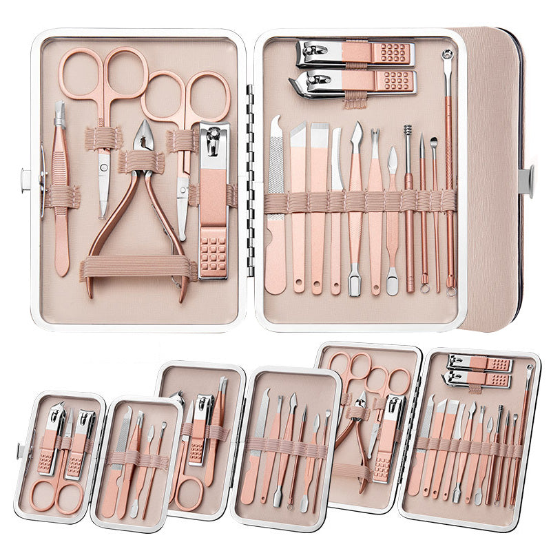 Ensemble professionnel comprenant ciseaux, coupe-ongles, cuillère à ongles, pince à peaux mortes, pince à ongles, couteau de pédicure et coupe-ongles.