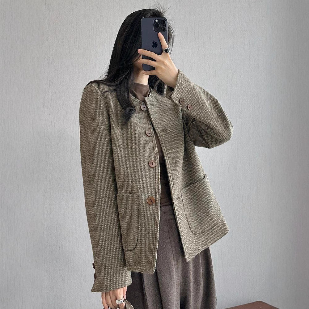 Manteau élégant en tweed vintage à col rond pour femme
