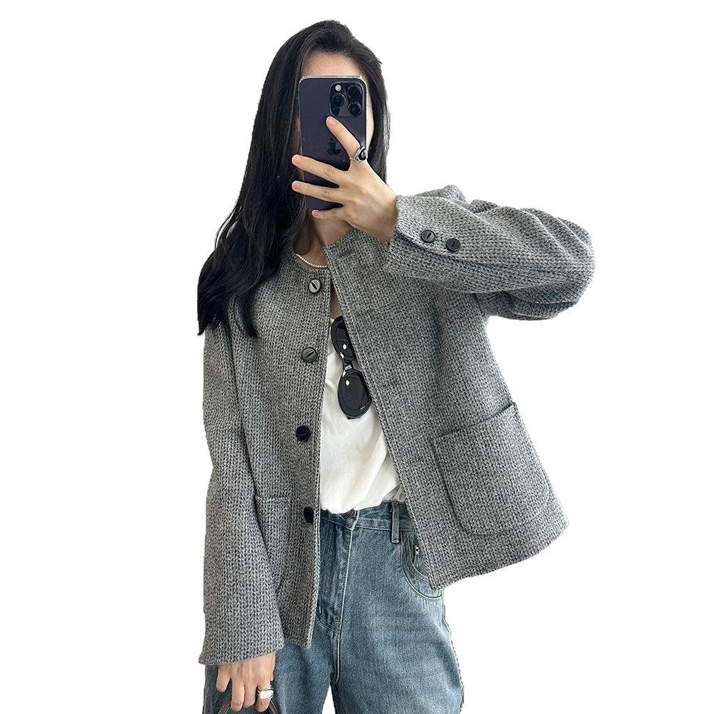 Manteau élégant en tweed vintage à col rond pour femme