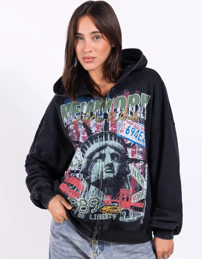 Sweat à capuche zippé imprimé vintage délavé style streetwear