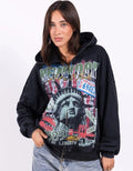 Sweat à capuche zippé imprimé vintage délavé style streetwear